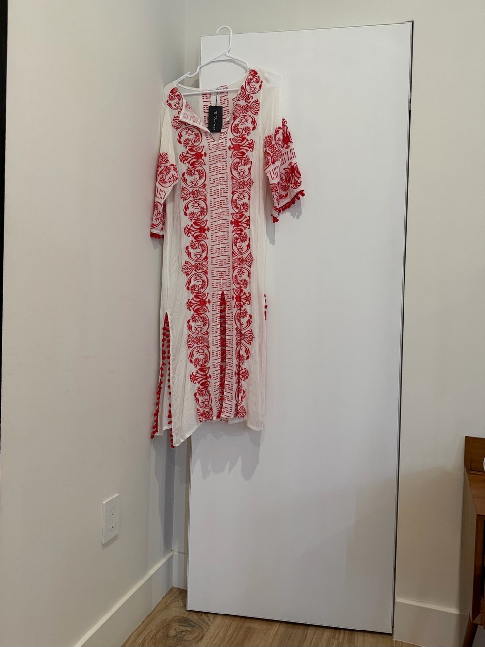 White Maxi Dress with Red Embroidered Panels